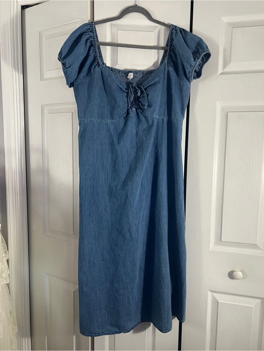 GAP Denim Blue Lace-Up Puff Sleeve Midi Dress